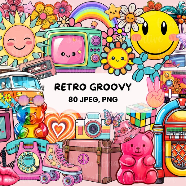 Retro Groovy Clipart | 80 Retro Hippie Graphics | Vintage Retro Graphics | PNG and JPEG for stickers - printables with commercial licence