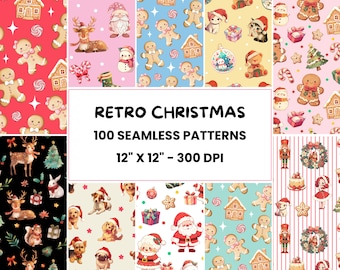 Wzory retro na Boże Narodzenie | 100 bezszwowe wzory na Boże Narodzenie w stylu vintage | Uroczy świąteczny papier cyfrowy | Plik z powtarzalnym wzorem | Okres świąteczny