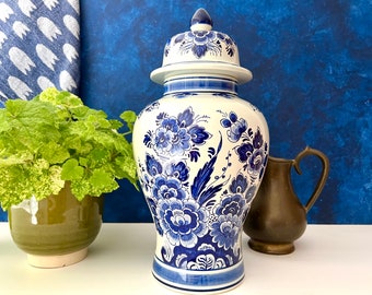 Antique Delft vase, Covered vase with floral decor, beautiful intense cobalt blue color, rare, made in Holland, Delftware vase
