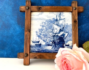 Vintage Delft blue tile / Hand-painted Delft / Old Dutch Tile / Made in Holland / Nautical Decor / Golden Age / Delft art