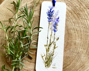 Lavender watercolor bookmark, Ecoprint with Real Lavender, Worked with Watercolor Paint, Unique floral artwork, floral bookmark