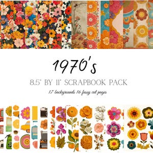 Könnte beinhalten: Ein Scrapbook-Pack mit 1970er-Jahre-Thema, mit 17 Hintergründen und 16 vorgestanzten Seiten. Die Hintergründe zeigen florale Muster in verschiedenen Farben. Das Pack misst 21,6 cm x 27,9 cm.