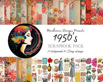 Kit imprimible de álbum de recortes digital y diario basura de los años 50: 25 páginas de fondo + 10 hojas de imágenes prediseñadas (descarga instantánea)