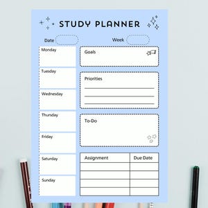 May include: A light blue study planner sheet featuring the text STUDY PLANNER at the top with star icons. The layout includes a column for days of the week from Monday to Sunday, and sections for Goals, Priorities, To-Do, and an Assignment table.