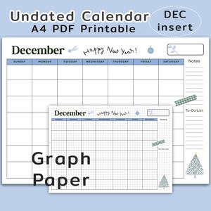 May include: An undated A4 PDF printable calendar for December featuring a grid layout with days of the week, a notes section, and a to-do list. The design includes a shooting star, a bauble, and a Christmas tree graphic with the text Happy New Year.