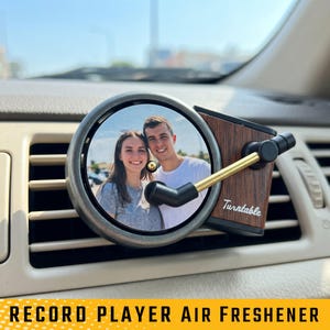 Custom Photo Record Player Car Air Freshener: Your Pictures on Mini Vinyl Discs, Retro Wood Turntable Vent Clip, Couple Gift
