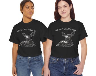 Moonlit Melancholy Fawn T-Shirt | Crescent Moon Deer Illustration
