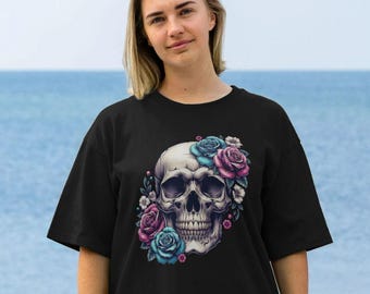 Skull and Roses Oversized Tee, Gothic Floral Graphic, Organic Cotton