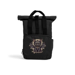 May include: Black backpack with a roll-top closure and adjustable straps. The front features a graphic of a black cat with bat wings against a moonlit background.