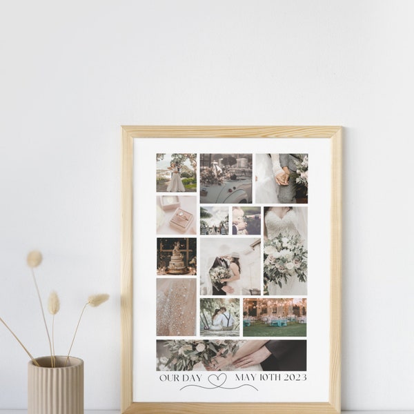 Printable Wedding Photo Poster, Anniversary Gift, Editable Photo Grid, Wedding Photography Collage, Editable Wedding Photo Wall Art Template