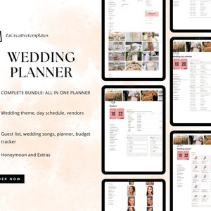 Op de afbeelding: Een digitale bruiloftplanner met een roze en witte kleurstelling. De planner bevat secties voor het bruiloftsthema, het dagschema, leveranciers, de gastenlijst, bruiloftsliedjes, de planner, de budgettracker en de huwelijksreis en extra's. De tekst "COMPLETE BUNDLE: ALL IN ONE PLANNER" is zichtbaar op het scherm.