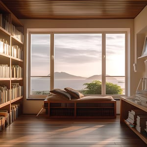 Puede incluir: Una habitación con una gran ventana que da a una masa de agua y montañas en la distancia. La habitación tiene un suelo de madera y una gran estantería llena de libros. Hay un banco de madera con almohadas delante de la ventana.