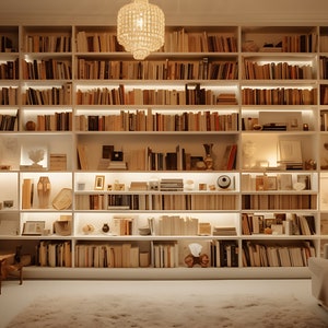Pode incluir: Uma estante branca cheia de livros e itens decorativos, iluminada por uma luz quente no teto. Um sofá com almofadas fica em frente à estante, com uma lâmpada em uma mesa auxiliar.