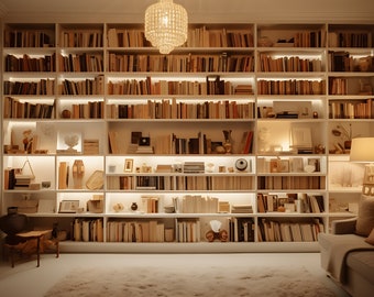 Può includere: Una libreria bianca piena di libri e oggetti decorativi, illuminata da una luce calda al soffitto. Un divano con cuscini si trova di fronte alla libreria, con una lampada su un tavolino.