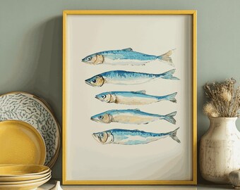 Sardines Poster – Vintage Tin Print, Retro Fish Wall Art, Colorful Kitchen Decor, Digital Download