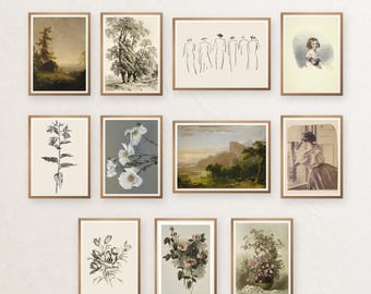 Vintage Gallery Wall Art Set of 10 Prints, Antique Botanical Landscape Posters, Printable Download