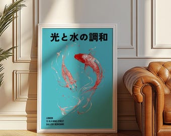 Japanese Koi Fish Poster – Red and White Carp on Blue, Zen Minimal Wall Art, Digital Download
