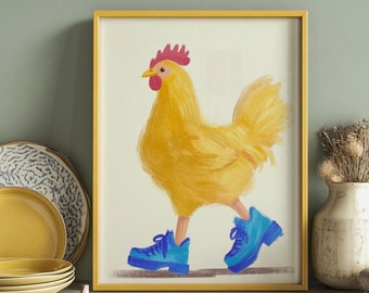 Yellow Chicken in Blue Boots Hand Drawn Poster Funny Animal Pop Illustration Aesthetic Wall Decor Home Trendy Big Print Digital Download Art