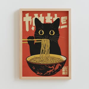 Stampa artistica da parete con gatto vintage che mangia ramen, poster retrò giapponese, decorazione da cucina unica, regalo per gli amanti dei noodle, illustrazione di un gatto eccentrico, scaricabile