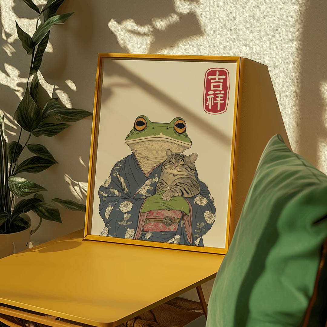 Matsumoto Hoji Art Print: Frog and Cat Japanese Poster (digital ...