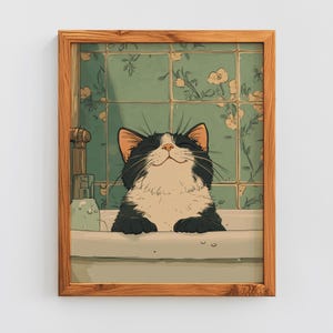 Black cat in a bathtub, Japanese bathroom wall art, Relaxation poster, Japan cat wall art, Aesthetic minimalism, Neutral Japandi print