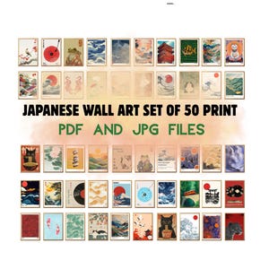 Pode incluir: Um conjunto de 50 impress&otilde;es de arte de parede japonesa, apresentando paisagens, animais e designs abstratos. As impress&otilde;es s&atilde;o exibidas em uma grade, com uma variedade de cores e temas. O texto "JAPANESE WALL ART SET OF 50 PRINT PDF AND JPG FILES" est&aacute; presente.