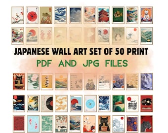 Juego de 50 impresiones de arte mural japonés, arte mural japandi, arte japonés, arte japandi, arte mural chinoiserie, juego de pared de galería, impresión de póster digital