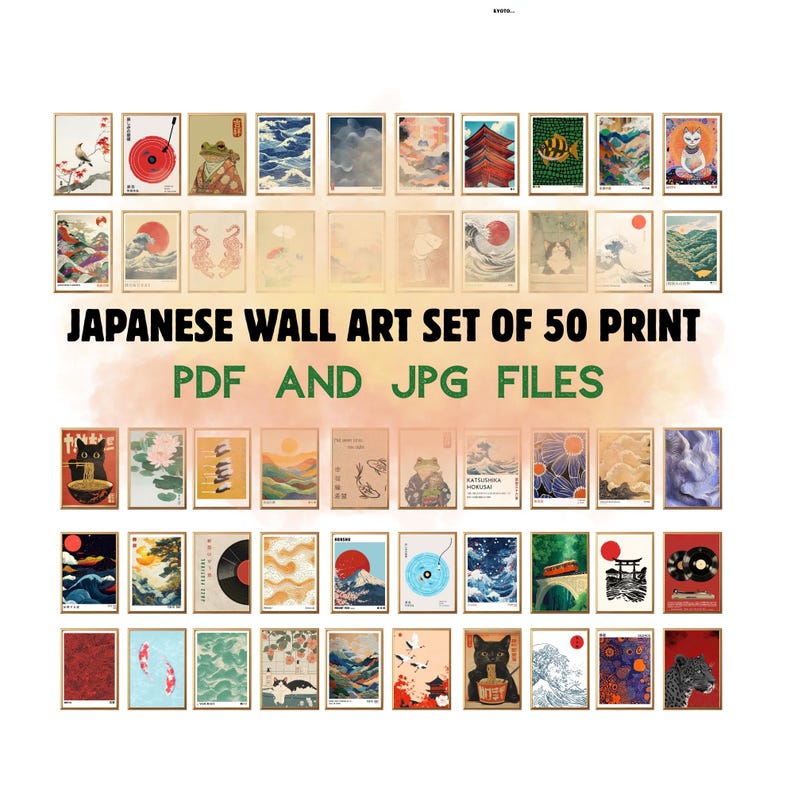 Pode incluir: Um conjunto de 50 impress&otilde;es de arte de parede japonesa, apresentando paisagens, animais e designs abstratos. As impress&otilde;es s&atilde;o exibidas em uma grade, com uma variedade de cores e temas. O texto "JAPANESE WALL ART SET OF 50 PRINT PDF AND JPG FILES" est&aacute; presente.