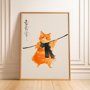 Samurai-Inspired Orange Cat Poster - Minimalist Watercolor Wall Art, Digital Download Home Decor