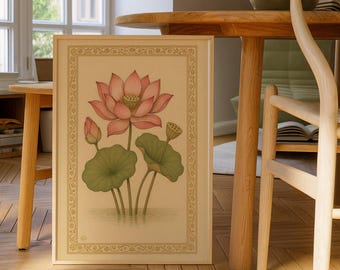 Pink Lotus Art Print, Indian Wall Art, Vintage Botanical Prints, Pink Lotus Flower, Vintage Indian Art, Gallery Wall Art