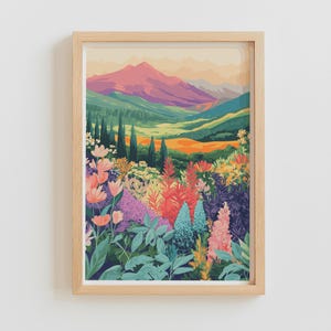 Abstract Mountain Wildflower Scenery Art Print | Colorful Mountain Scenery Floral Botanical Muted Tones Printable Art JPG Digital Download