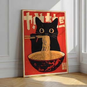 Vintage Cat Ramen Print Poster: Japanese Kitchen Art Poster (Digital Download, A2-A5 Sizes)