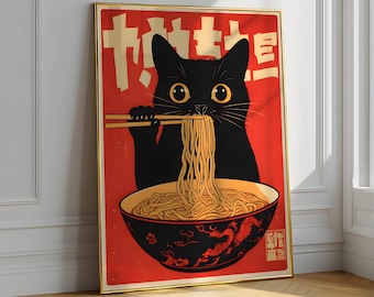 Vintage Cat Ramen Print Poster: Japanese Kitchen Art Poster (Digital Download, A2-A5 Sizes)