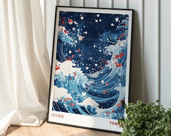 Pôster de parede com arte japonesa Blue Waves Japandi: pôster japonês (download digital)