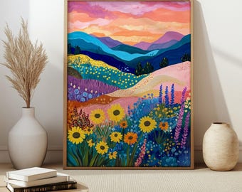 Colorful Mountain Floral Art Print: Abstract Patchwork Illustration (Digital Download)