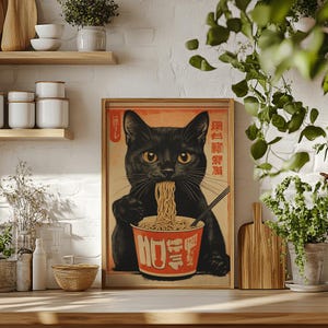 Vintage Cat Eating Ramen Noodles Poster, Funny Black Cat Wall Art, Kitchen Decor, Japanese Inspired Cat Art Print, Unique Cat Lover Gift