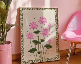Vintage Pink Lotus Flower Art Print: Indian Botanical Wall Art (Digital Download)