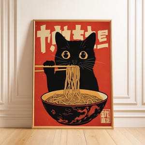 Vintage Cat Eating Ramen Print, Japanese Wall Art, Noodle Lover Gift, Japanese Kitchen Decor, Cute Cat Print, Printable Wall Art poster