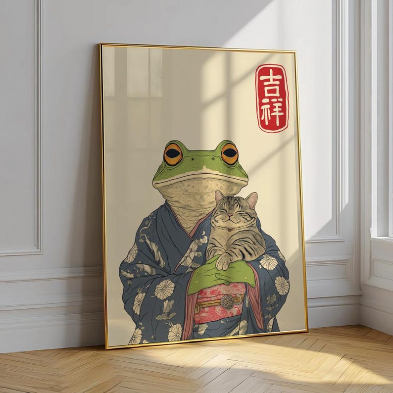 Matsumoto Hoji Art Print: Frog and Cat Japanese Poster (digital ...