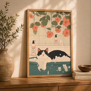 Black Cat in Bathtub: Japanese Bathroom Print, Minimalist Wall Art Poster