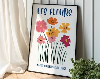 Les Fleurs Poster – Hand-Drawn French Floral Art, Colorful Flower Print for Bedroom Decor, Digital Download