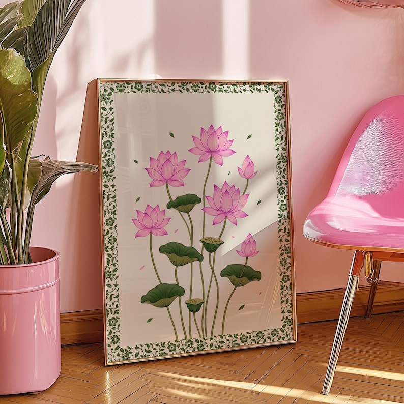 Vintage Pink Lotus Flower Art Print: Indian Botanical Wall Art (digital ...