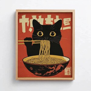 Stampa artistica da parete con gatto vintage che mangia ramen, poster retrò giapponese, decorazione unica per la cucina, regalo per gli amanti dei noodle, illustrazione di un gatto eccentrico, poster
