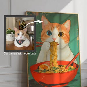 Poster personalizzato di Ramen con gatto - Illustrazione personalizzata di un animale domestico, download digitale