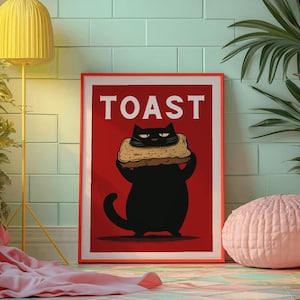Rolig svart katttoasttryck: Nyckfull köksväggkonst (digital nedladdning)