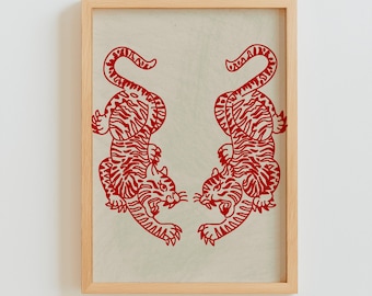 Póster minimalista japonés con diseño de tigre para pared, descarga digital.