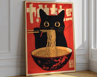 Vintage Cat Ramen Print Poster: Japanese Kitchen Art Poster (Digital Download, A2-A5 Sizes)