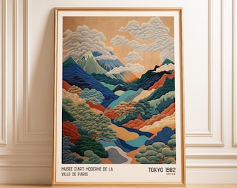 Japanese Mountain Art Print: Abstract Polka Dot Landscape (Digital Download)