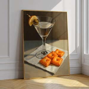 Wydruk z krakersami Martini i serem | Uroczy, dziwaczny, kapryśny | Dekoracja baru w formie sztuki koktajlowej | Elegancki prezent w postaci obrazu olejnego | pobierz wydruk