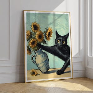 Wydruk z kotem Vincent Van Gogh, Wydruk z kwiatami z kotem, Plakat z kotem Van Gogh, Sztuka z kotem, Wydruk kwiatowy, Zabawny wydruk z kotem, Zabawny prezent, Plakat z kotem w stylu vintage